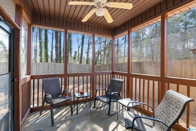 sunroom / solarium with a wealth of natural light, wooden ceiling, and ceiling fan