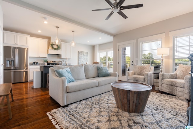 living area featuring dark wood-type flooring, recessed lighting, and a ceiling fan