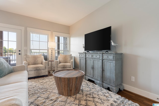 living area with baseboards, dark wood-style flooring, and a wealth of natural light