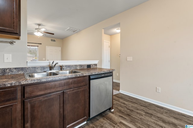 kitchen featuring dark brown cabinetry, visible vents, dishwasher, dark countertops, and a sink