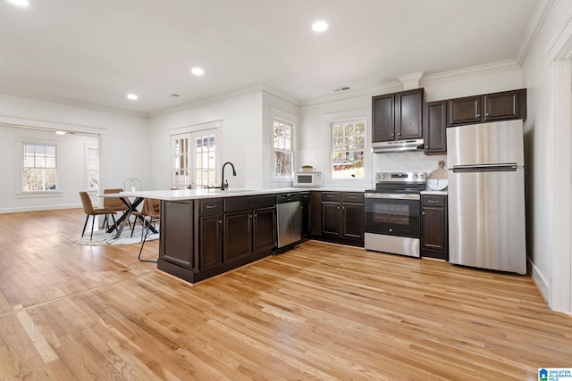 kitchen featuring under cabinet range hood, a sink, dark brown cabinetry, appliances with stainless steel finishes, and a peninsula