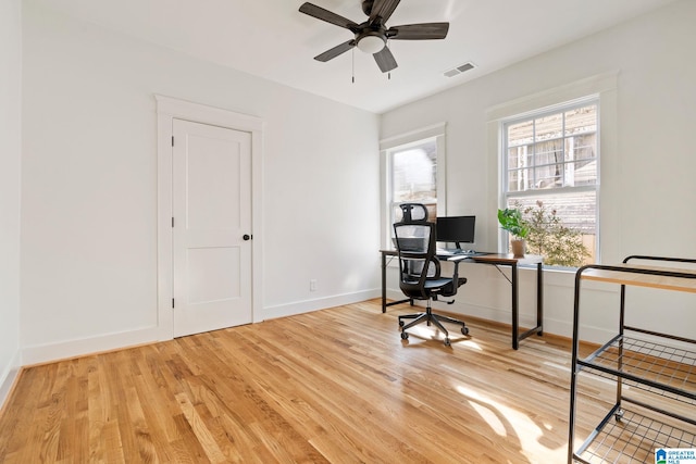 office space featuring visible vents, light wood-style flooring, baseboards, and a ceiling fan