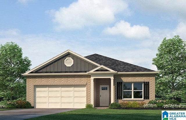 view of front of home with a garage, concrete driveway, board and batten siding, and brick siding