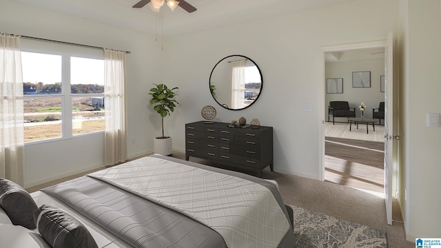 bedroom featuring carpet flooring and ceiling fan