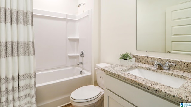 full bathroom featuring shower / bathtub combination with curtain, toilet, and vanity