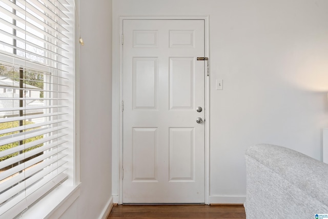 doorway to outside with baseboards and wood finished floors