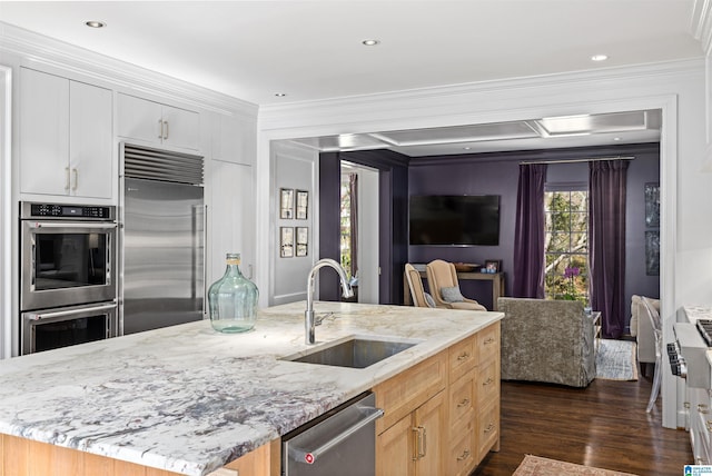 kitchen featuring ornamental molding, appliances with stainless steel finishes, a sink, and dark wood finished floors