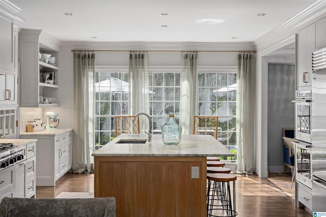 kitchen featuring dark wood finished floors, crown molding, stainless steel appliances, a sink, and an island with sink