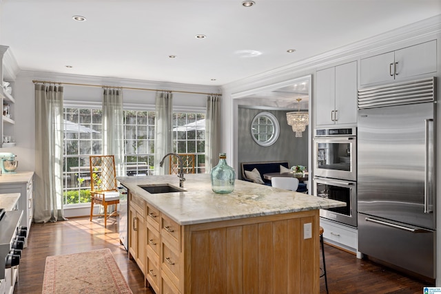 kitchen with high end appliances, a wealth of natural light, a sink, and ornamental molding