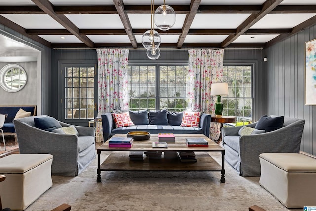 sunroom featuring beam ceiling and coffered ceiling