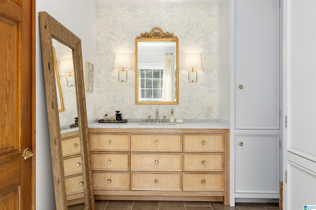 bathroom featuring tile patterned flooring, vanity, and wallpapered walls