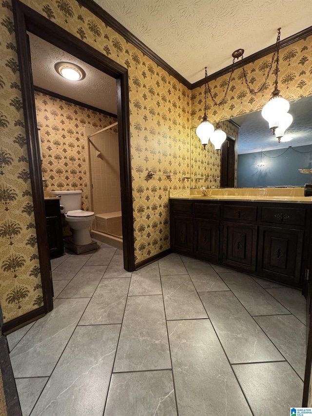 full bathroom with a textured ceiling, ornamental molding, toilet, and wallpapered walls