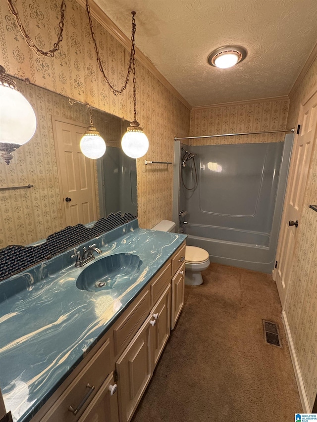 full bath featuring  shower combination, wallpapered walls, visible vents, and a textured ceiling