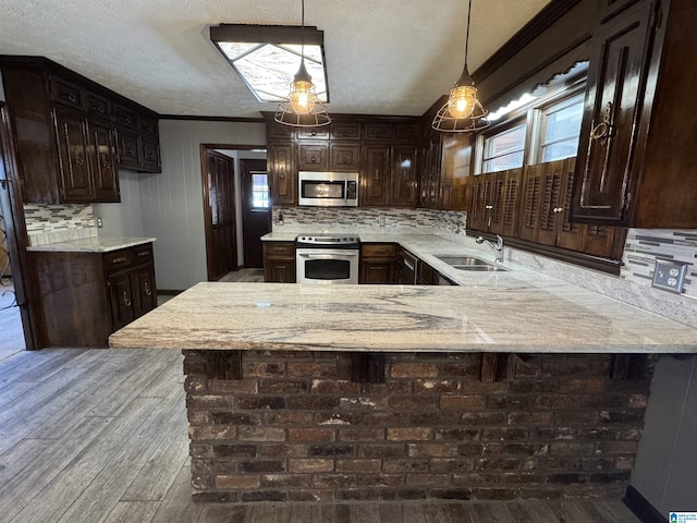 kitchen with backsplash, stainless steel appliances, a sink, and wood finished floors