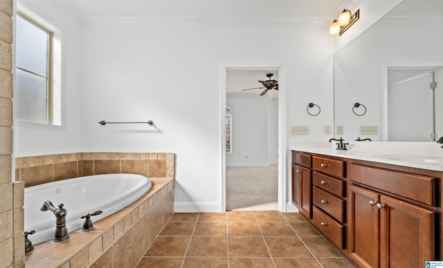 full bath featuring double vanity, tile patterned floors, a sink, and crown molding