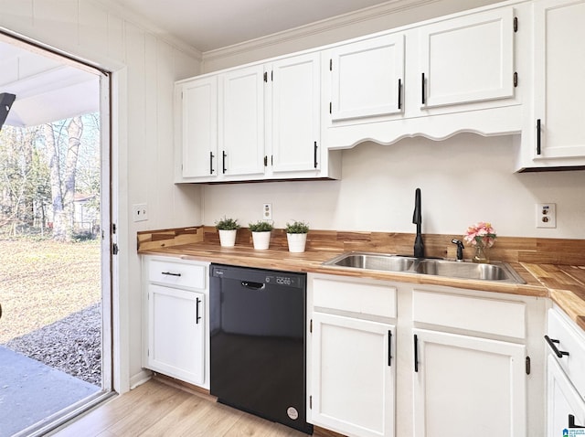 kitchen featuring a sink, white cabinetry, wooden counters, ornamental molding, and dishwasher