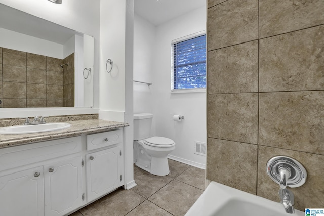 full bathroom featuring tile patterned flooring, toilet, vanity, visible vents, and  shower combination