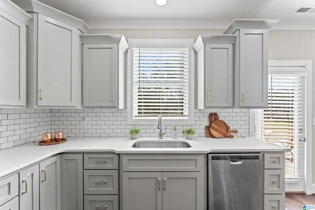 kitchen featuring light countertops, visible vents, backsplash, stainless steel dishwasher, and a sink