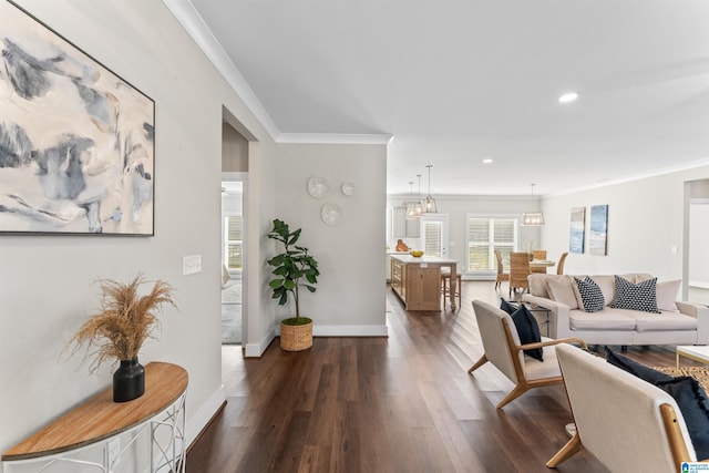 living area featuring baseboards, dark wood-style flooring, recessed lighting, and crown molding