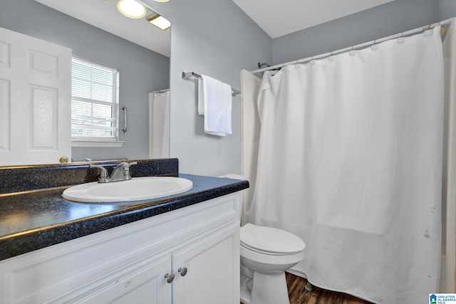 bathroom with curtained shower, vanity, toilet, and wood finished floors