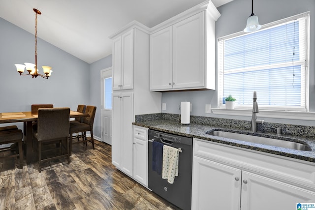 kitchen featuring dishwasher, a sink, white cabinetry, and dark wood-style floors