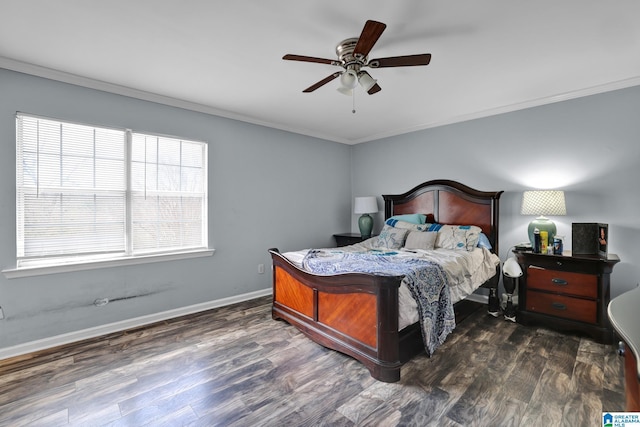 bedroom featuring a ceiling fan, baseboards, ornamental molding, and wood finished floors