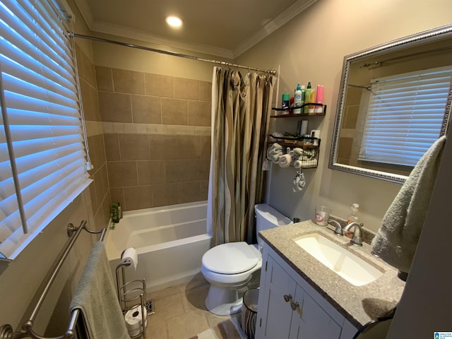 bathroom with toilet, tile patterned floors, shower / bathtub combination with curtain, crown molding, and vanity