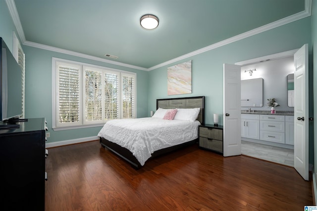 bedroom with dark wood-style flooring, visible vents, crown molding, and baseboards