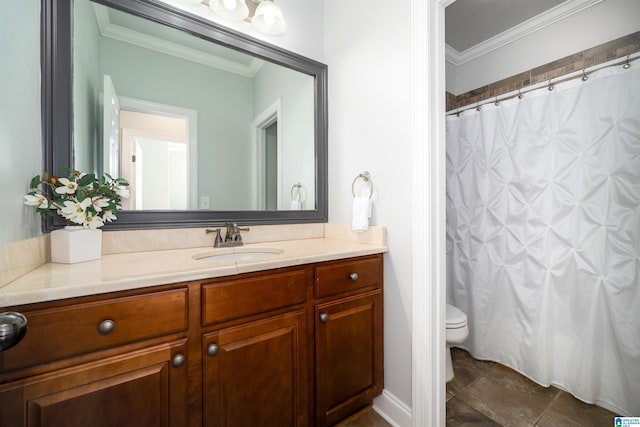 full bath with toilet, ornamental molding, vanity, and curtained shower