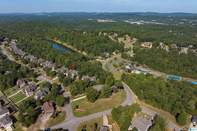 birds eye view of property with a water view and a view of trees