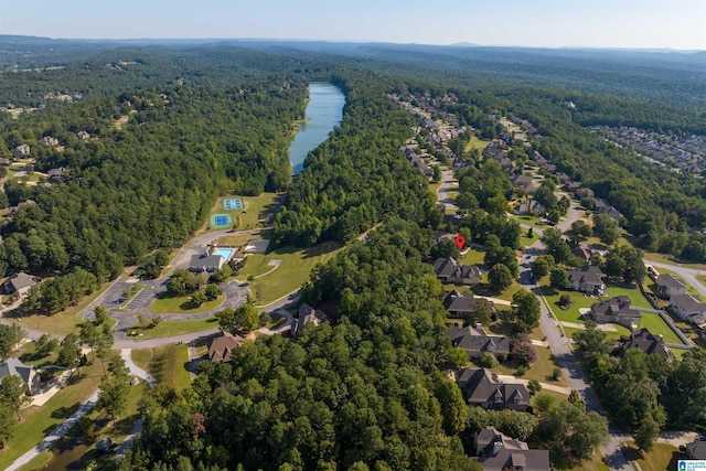 birds eye view of property with a water view and a forest view