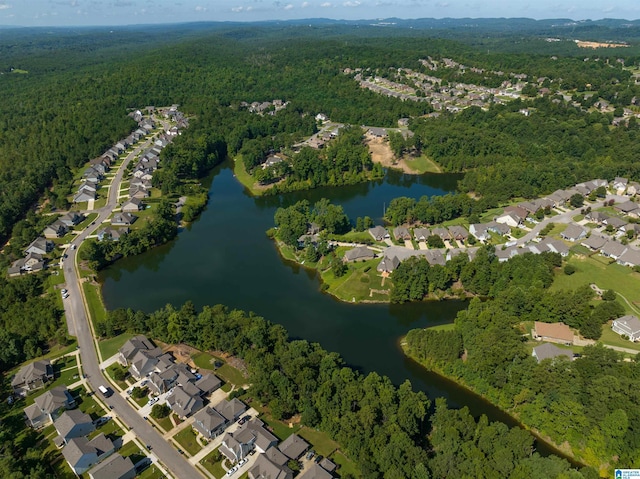 aerial view with a residential view, a water view, and a forest view