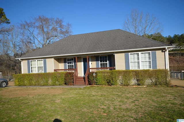 single story home featuring a porch, a front yard, and a shingled roof