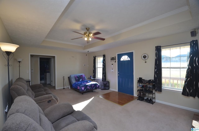 carpeted living room featuring a tray ceiling, a healthy amount of sunlight, and baseboards