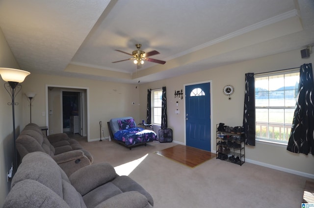 living area with a tray ceiling, carpet flooring, and a healthy amount of sunlight