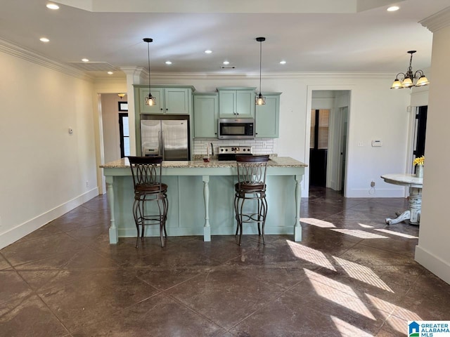 kitchen featuring baseboards, appliances with stainless steel finishes, ornamental molding, green cabinets, and backsplash