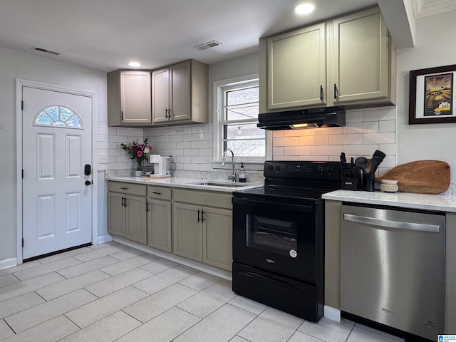 kitchen with visible vents, ventilation hood, black electric range, stainless steel dishwasher, and a sink