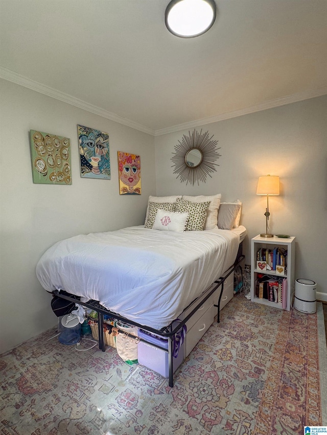 carpeted bedroom with ornamental molding