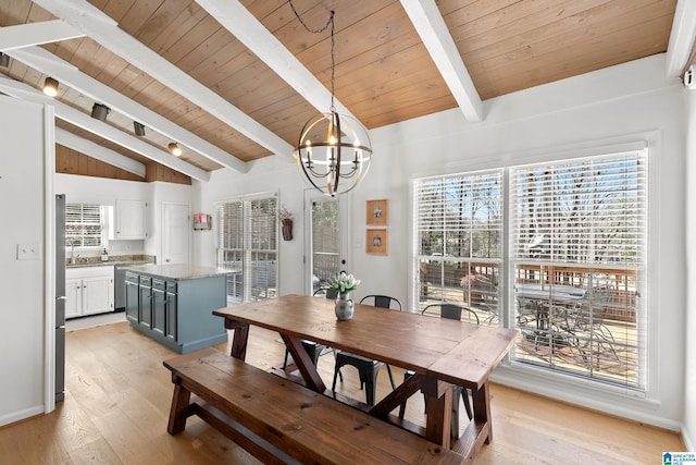 dining area with light wood-style floors, a notable chandelier, plenty of natural light, and lofted ceiling with beams