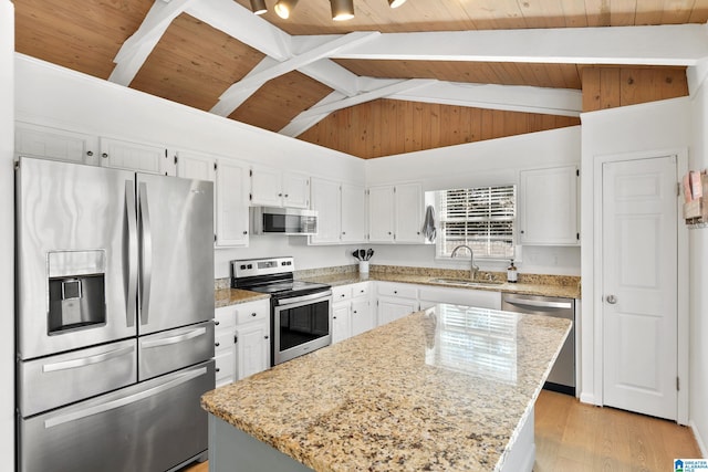 kitchen featuring stainless steel appliances, wooden ceiling, a sink, and light stone counters