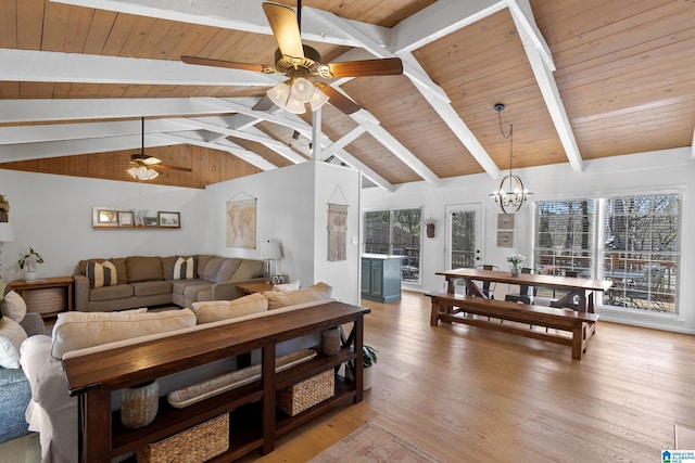 living room featuring lofted ceiling with beams, ceiling fan with notable chandelier, wooden ceiling, and light wood-style flooring