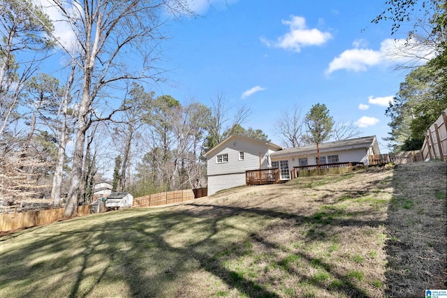 view of yard with a fenced backyard and a wooden deck