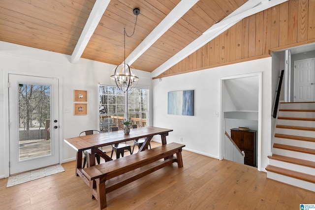 dining area featuring lofted ceiling with beams, light wood finished floors, wood ceiling, and a notable chandelier