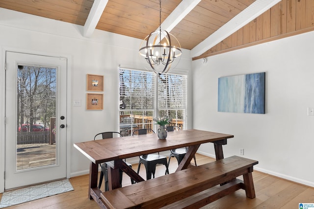 dining room with a chandelier, vaulted ceiling with beams, wood ceiling, baseboards, and light wood finished floors