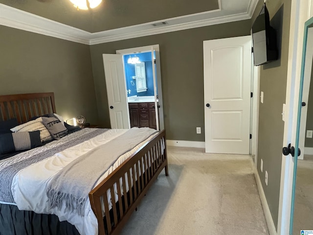 bedroom featuring crown molding, baseboards, visible vents, and light colored carpet