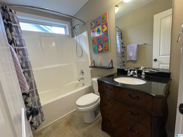 full bath with shower / bathtub combination with curtain, toilet, and vanity