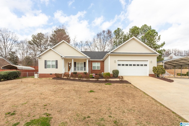 single story home featuring an attached garage, fence, driveway, crawl space, and a front yard