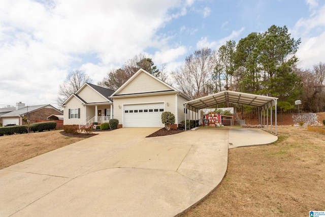 view of front of property featuring driveway, a front lawn, and a detached carport