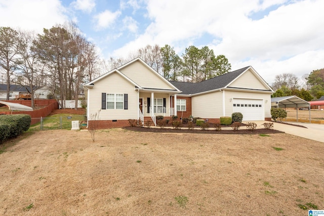 single story home with a porch, a garage, fence, concrete driveway, and a front yard