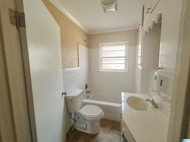 bathroom with toilet, ornamental molding, bathtub / shower combination, vanity, and tile walls